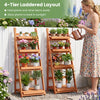 4-tier foldable plant stand in orange wood displays potted plants, ideal for gardens or patios while saving space.