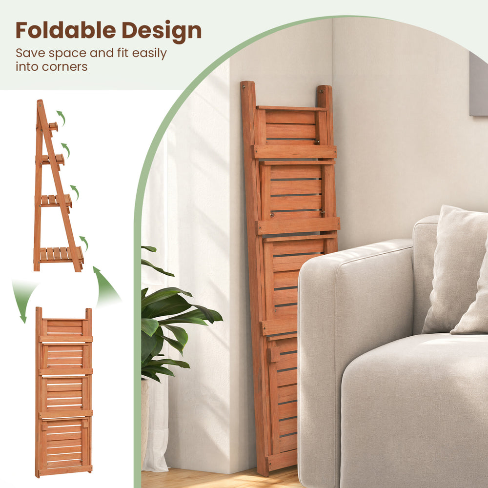 4-tier foldable plant stand in orange fir wood, designed for space-saving and enhanced stability in gardens or patios.