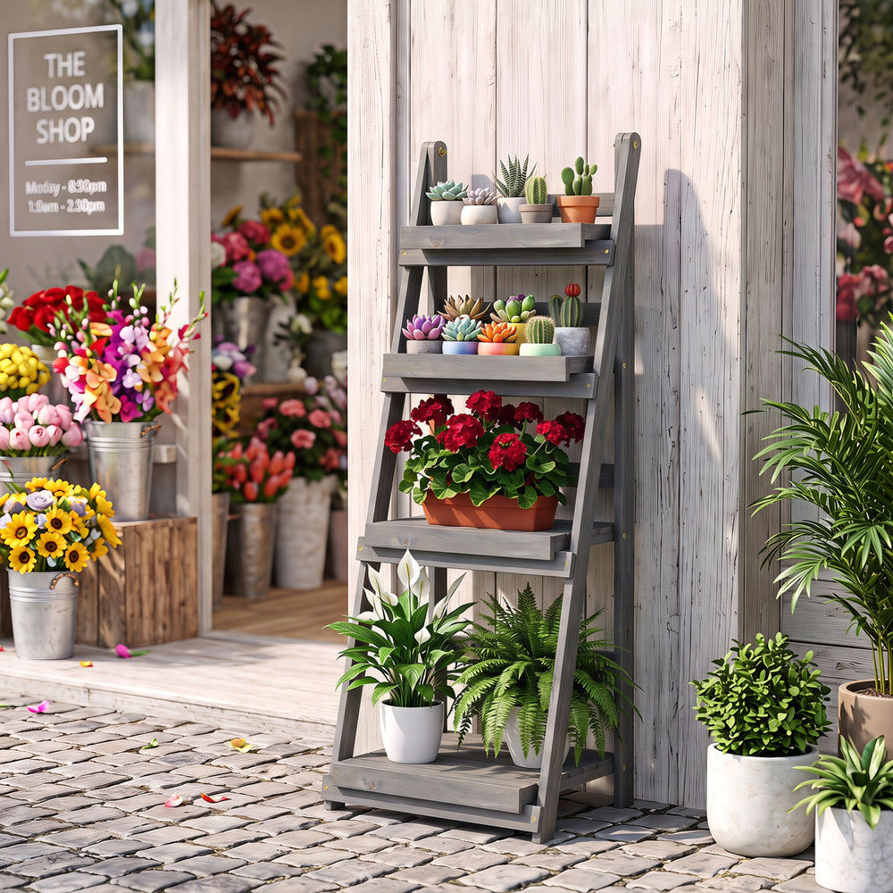 4-Tier Foldable Plant Stand with Slatted Shelves for Garden-Gray - Gallery View 1 of 11