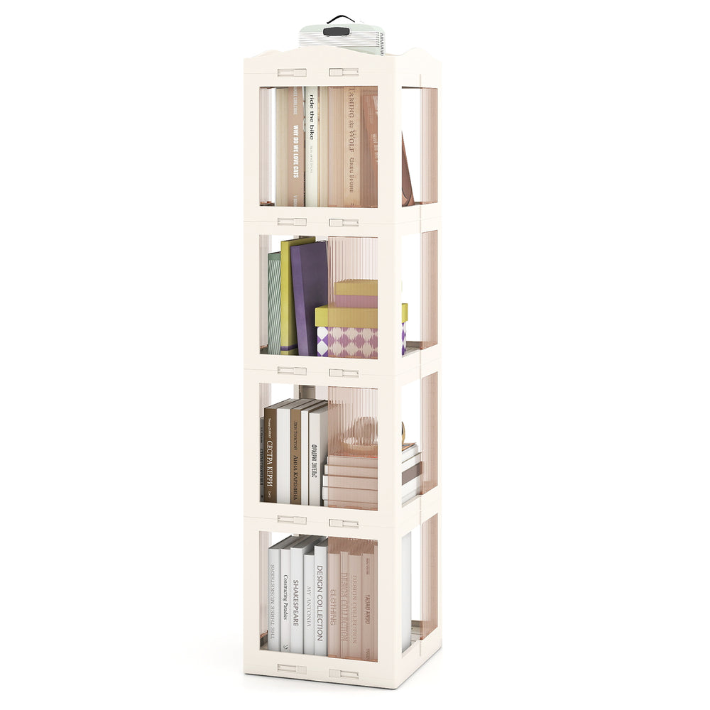 4-tier foldable rotating bookshelf in white with translucent panels, perfect for maximizing corner storage and easy.