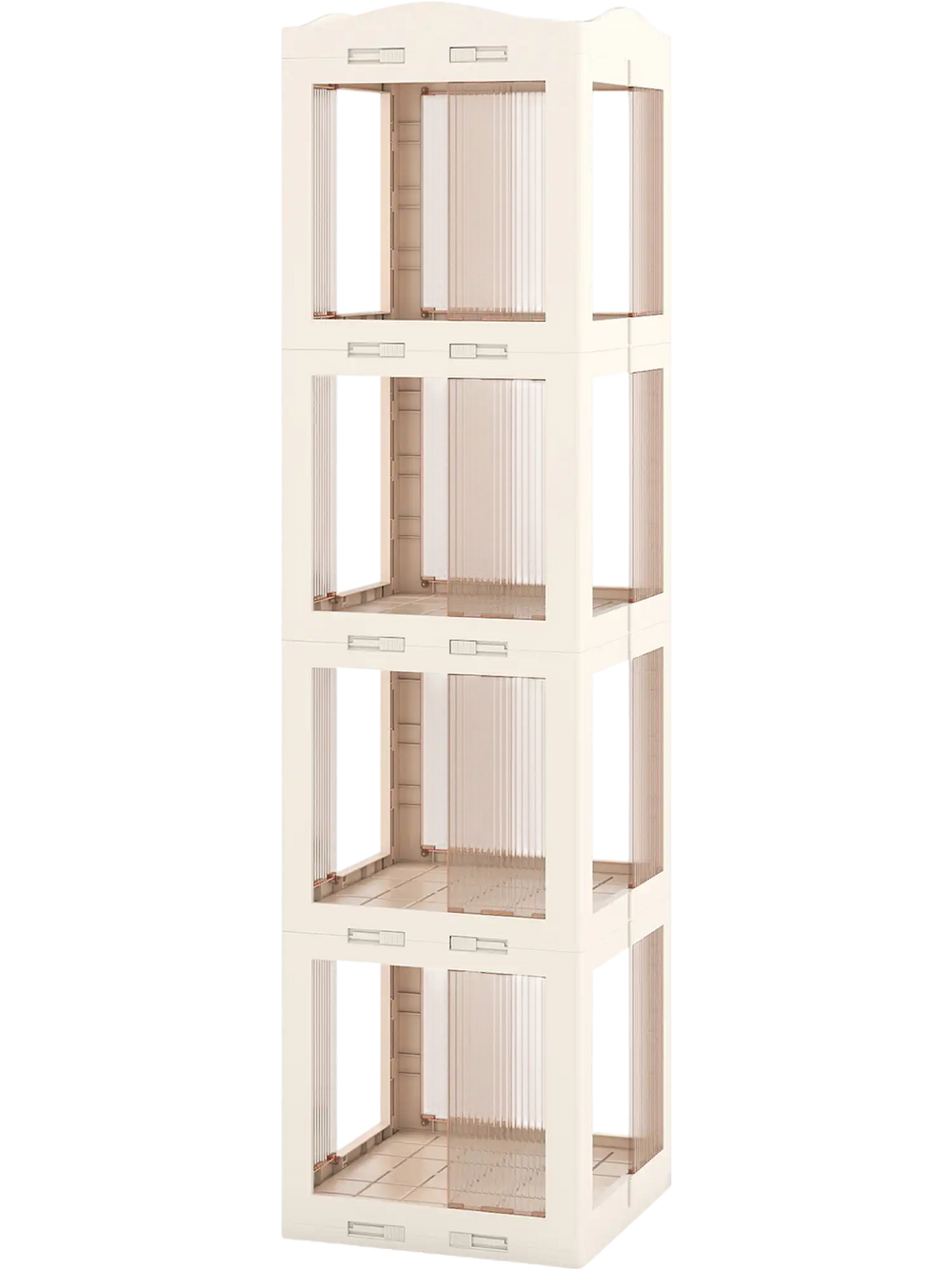 4-tier foldable rotating bookshelf in white with translucent panels, designed for space-saving and easy access to books.