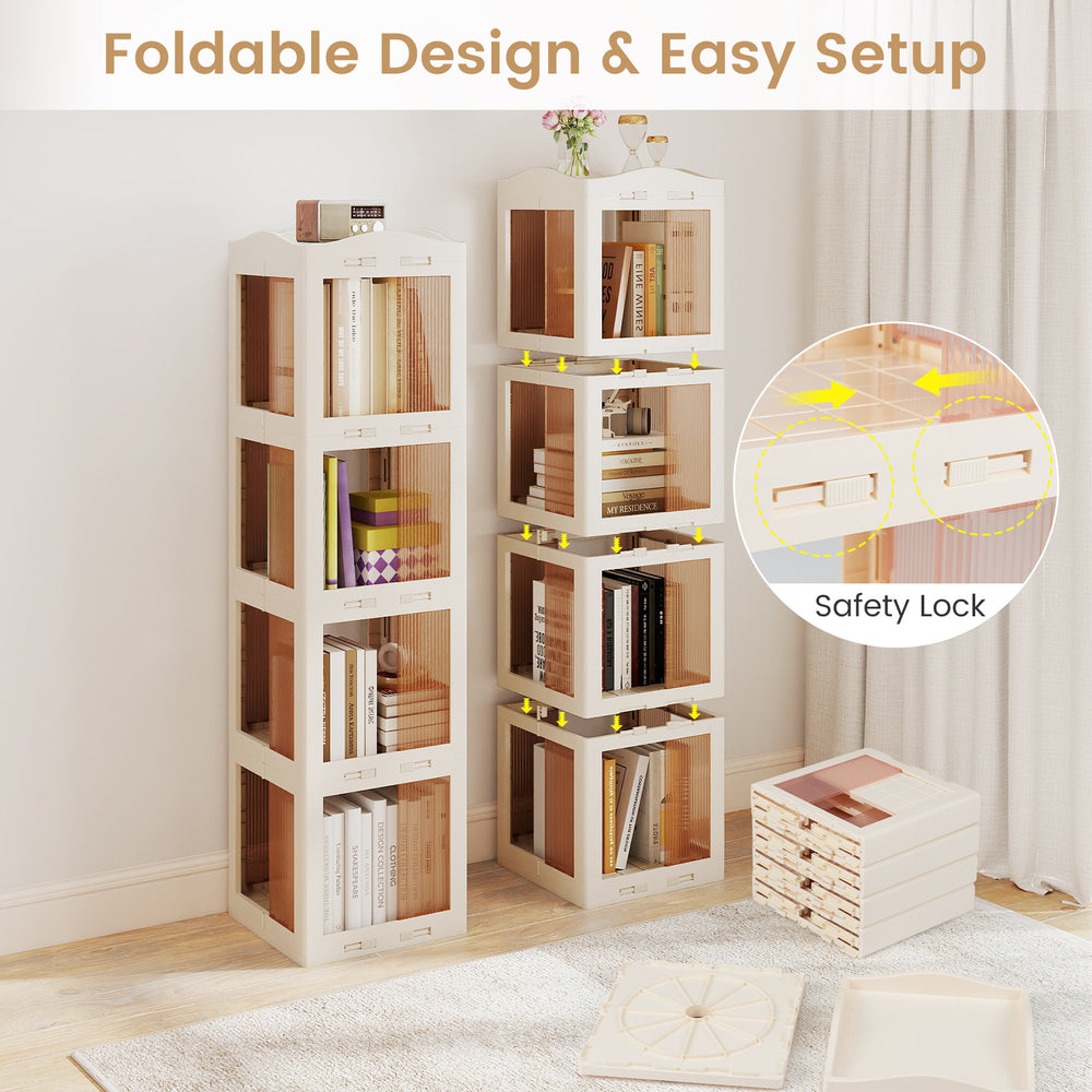 Close-up of the 4-tier foldable rotating bookshelf's translucent panels and safety lock, showcasing its durable.
