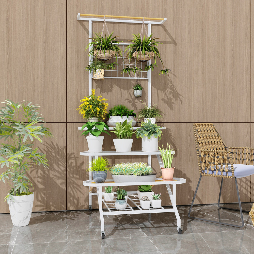 4-tier hanging plant stand with metal frame, featuring a hanging bar and wheels, ideal for displaying potted plants.