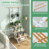 4-tier hanging plant stand with reinforced metal bars, slatted shelves, and 360° swiveling wheels for easy mobility.
