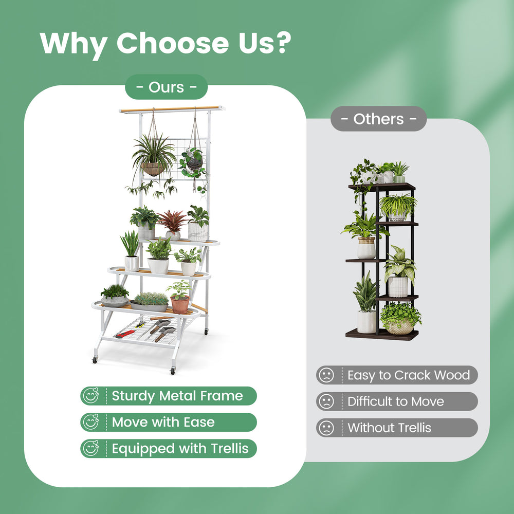 4-tier hanging plant stand with sturdy metal frame, trellis, and 360° swiveling wheels for easy mobility and decoration.
