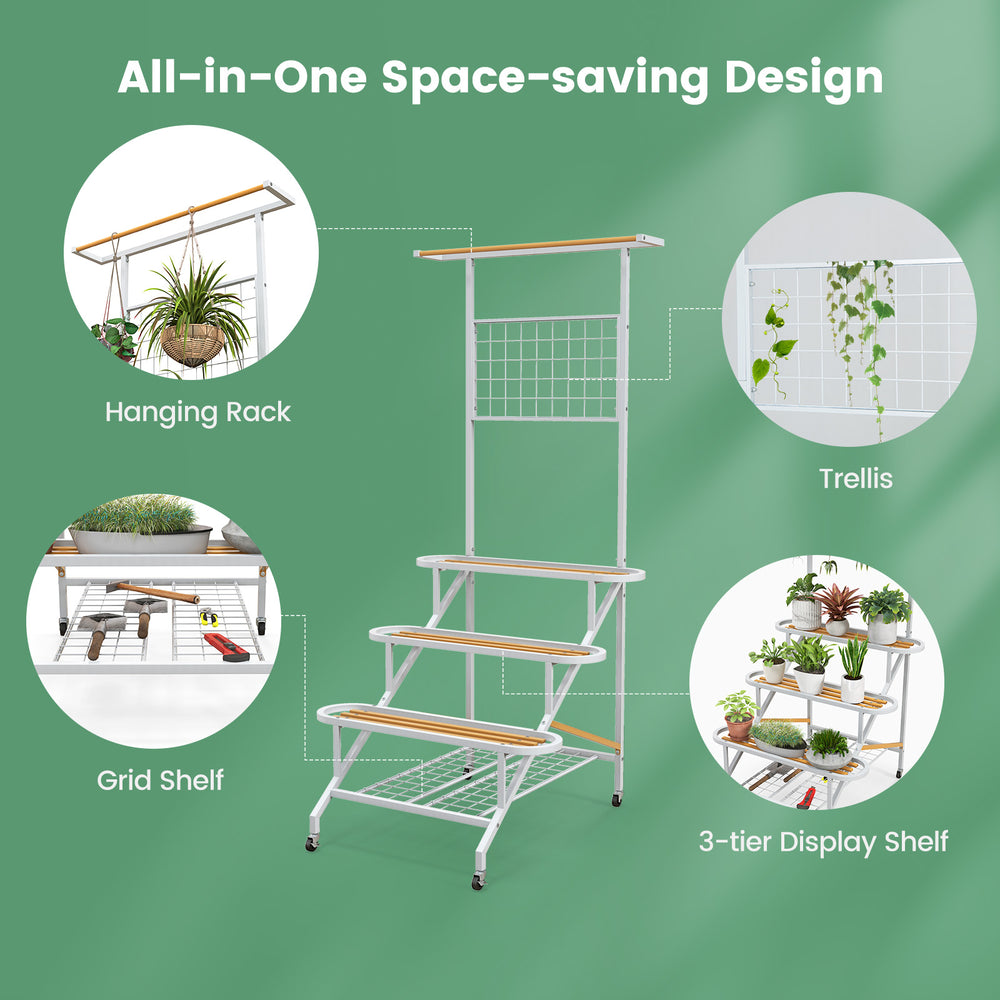 4-tier hanging plant stand with trellis, grid shelf, and 360° swiveling wheels for flexible mobility and space-saving.