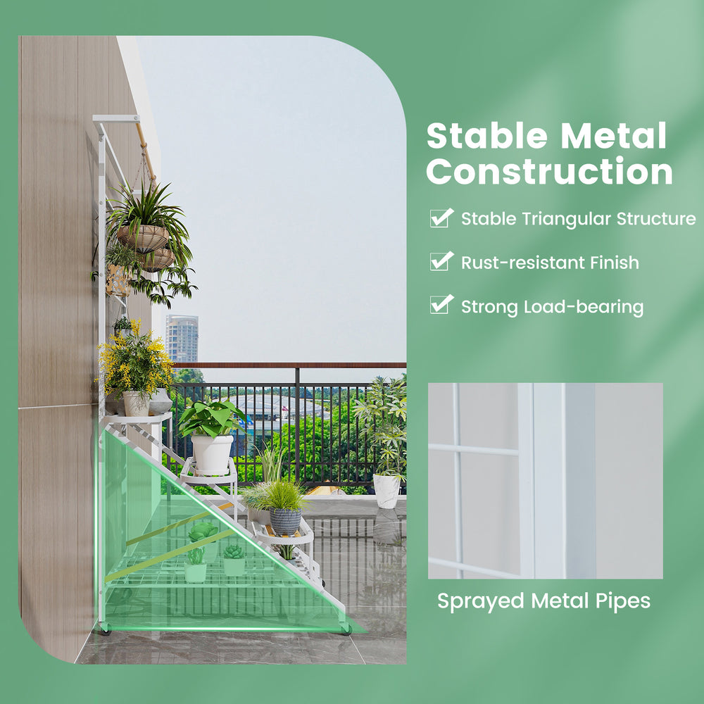 4-tier hanging plant stand with a sturdy metal frame, featuring a trellis and 360° swiveling wheels for easy mobility.