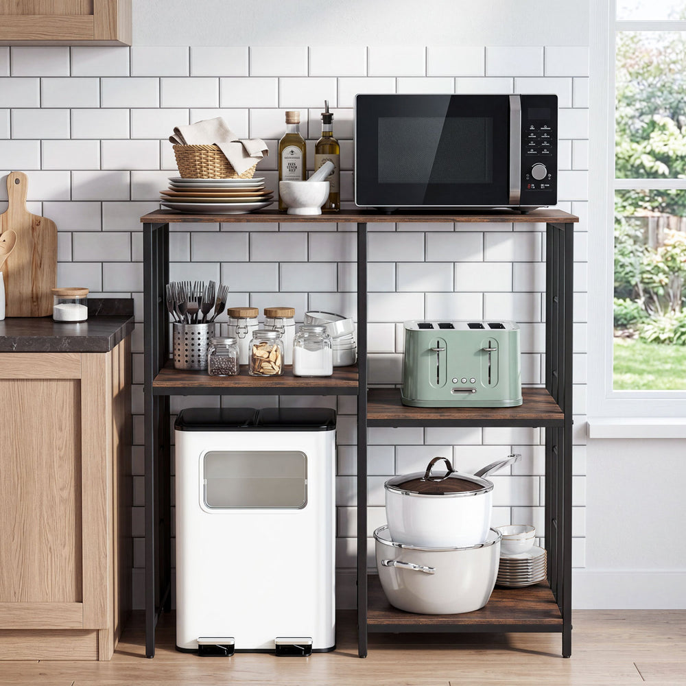 Four-tier kitchen baker's rack in rustic brown, ideal for microwaves and appliances, perfect for dining rooms or offices.