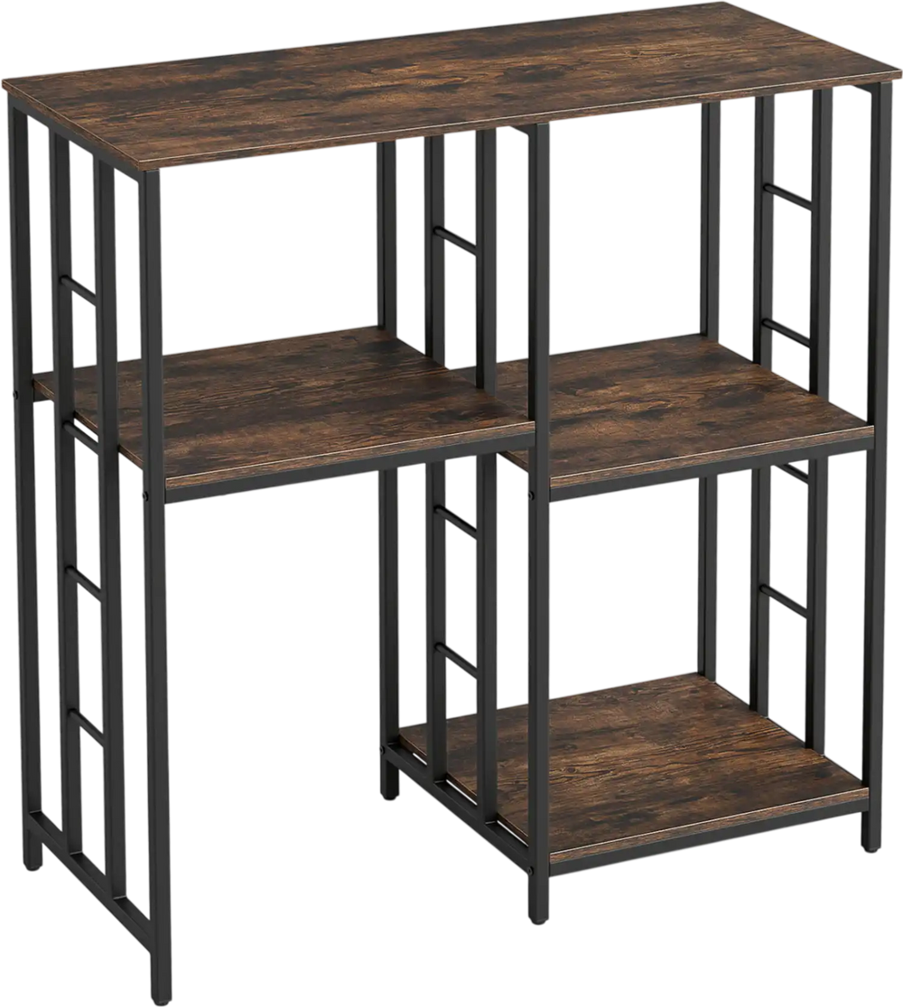 Rustic brown kitchen baker's rack with 4 tiers, designed for appliances and storage in dining rooms or offices.