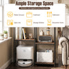 Four-tier rustic brown kitchen baker's rack with ample storage for appliances, robot vacuum, and decorative items.