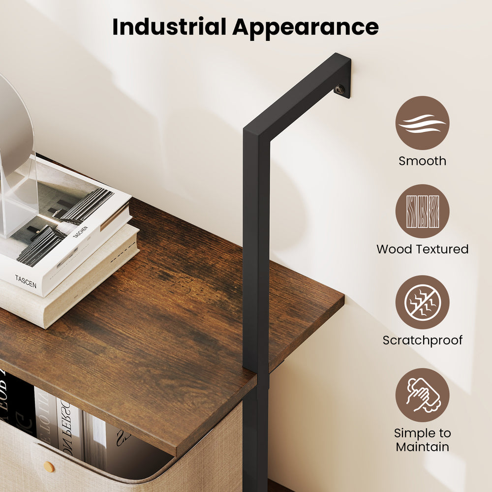 4-tier industrial ladder bookshelf with a sturdy metal frame and wood-textured shelves, ideal for organized storage.