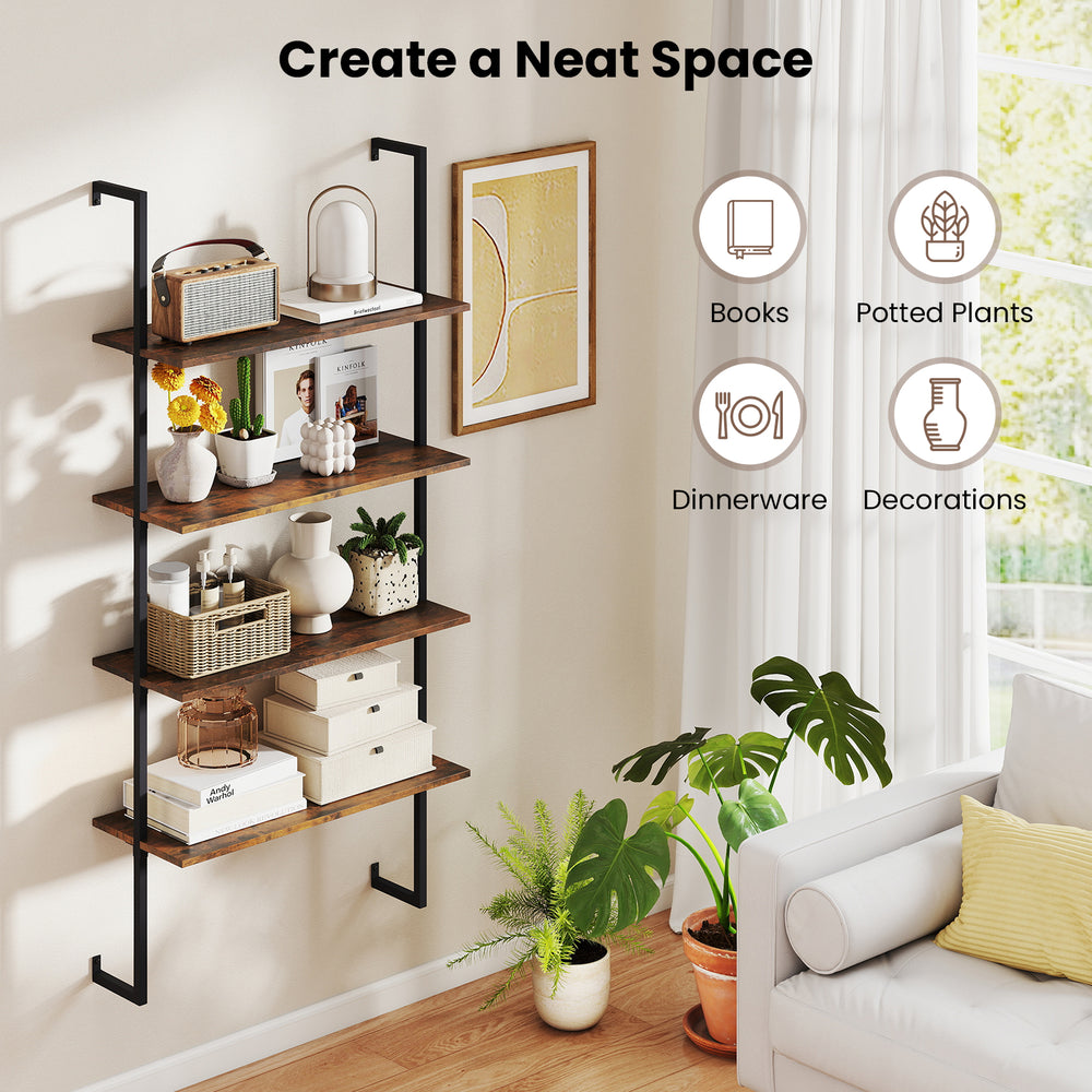 4-tier industrial ladder bookshelf with a sturdy metal frame, perfect for organizing books and decorations in any room.
