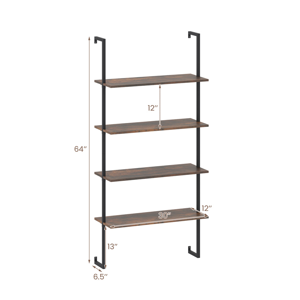 4-tier industrial ladder bookshelf with a coffee finish and metal frame, perfect for organizing any living space.