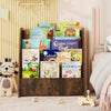 4-tier kids bookshelf in rustic brown displaying colorful children's books, ideal for bedroom organization.