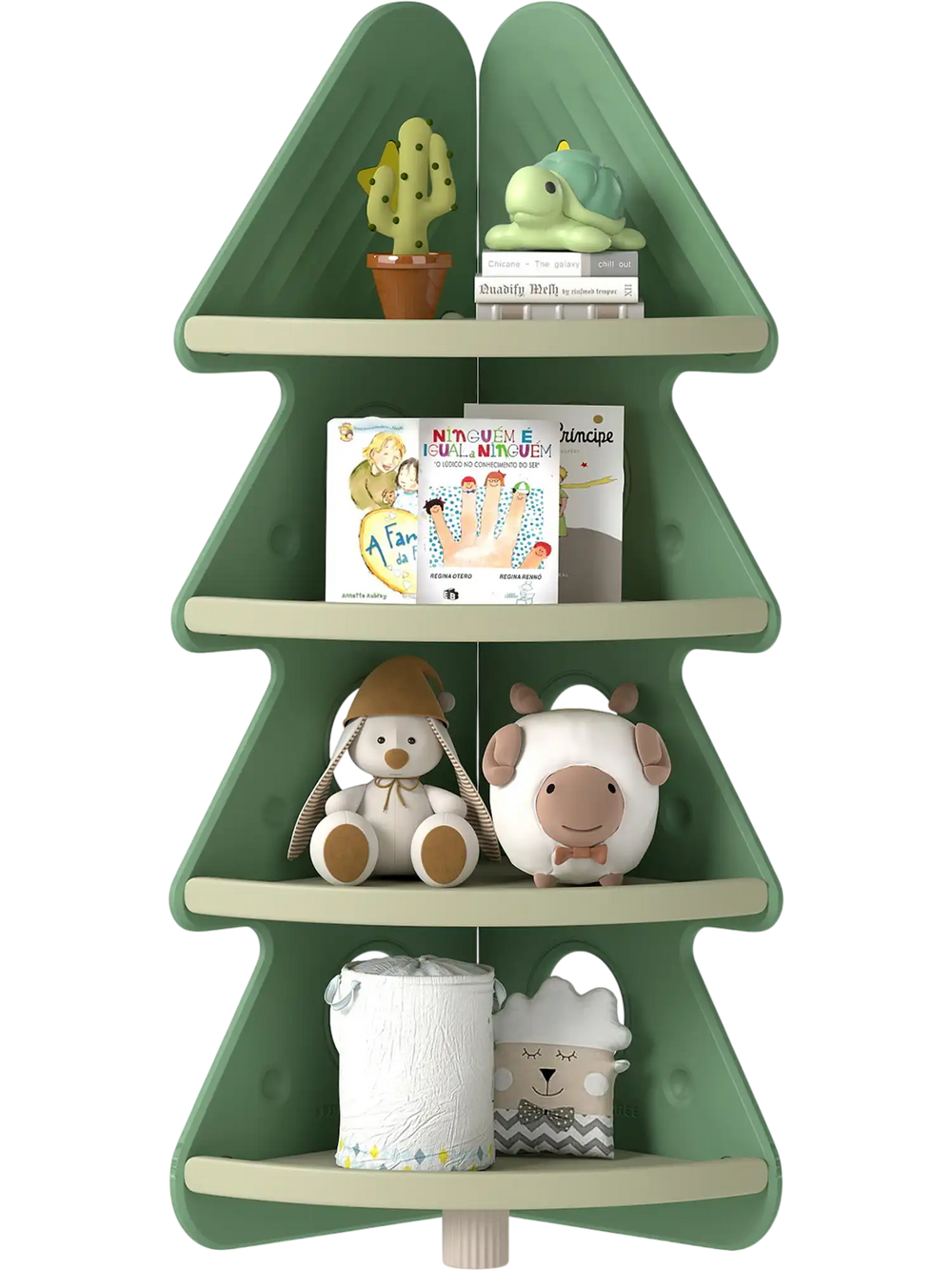 Side view of the green 4-tier kids corner bookshelf in a Christmas tree shape, featuring anti-falling guardrails for.