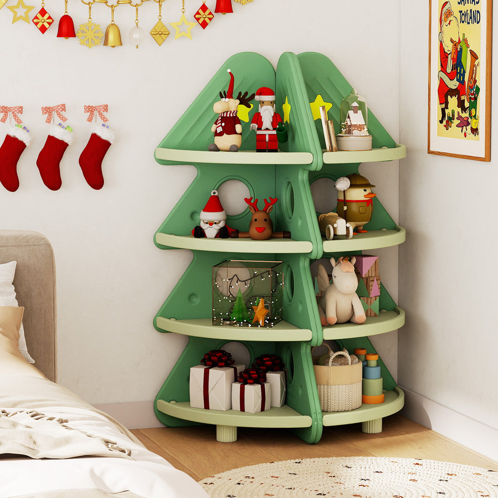 Green 4-tier kids corner bookshelf in Christmas tree shape, perfect for organizing toys and books in a child's room.
