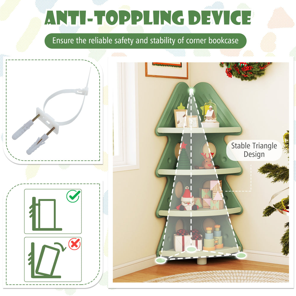 4-tier green kids corner bookshelf with anti-tipping device, designed for safety and festive storage in children's.