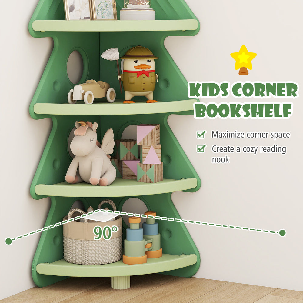 Kids corner bookshelf in green, featuring a festive tree design, 4 tiers for ample storage, ideal for kids' rooms.