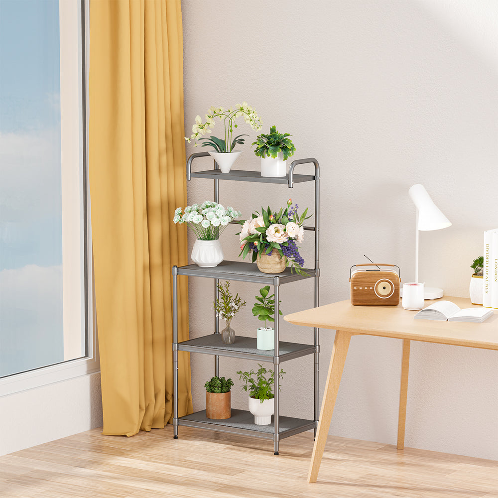 4-tier baker’s rack organizer with iron frame, showcasing plants and decor, ideal for kitchen or living room storage.