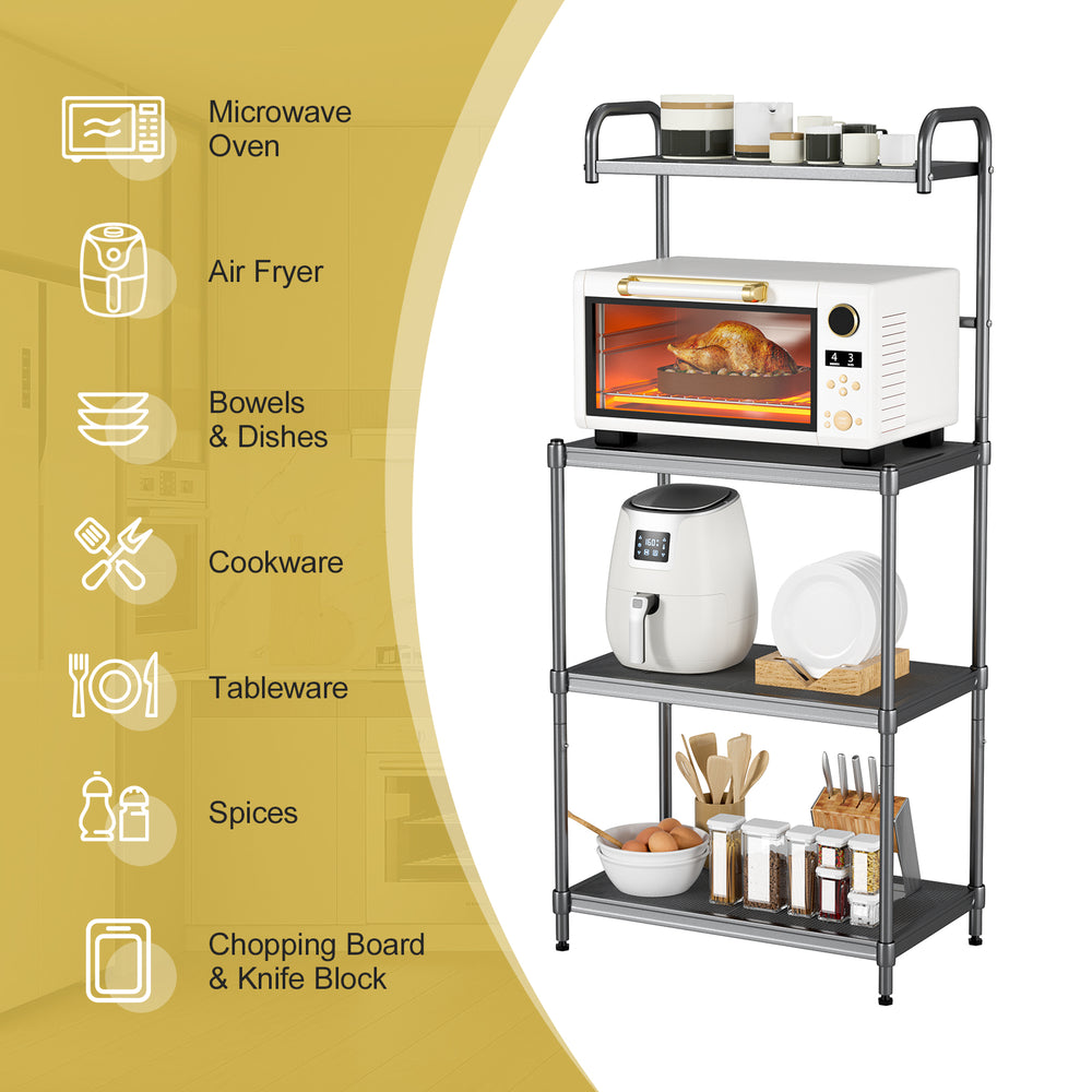 4-tier kitchen storage rack organizer with microwave, dishes, and spices, featuring a sturdy iron frame and adjustable.