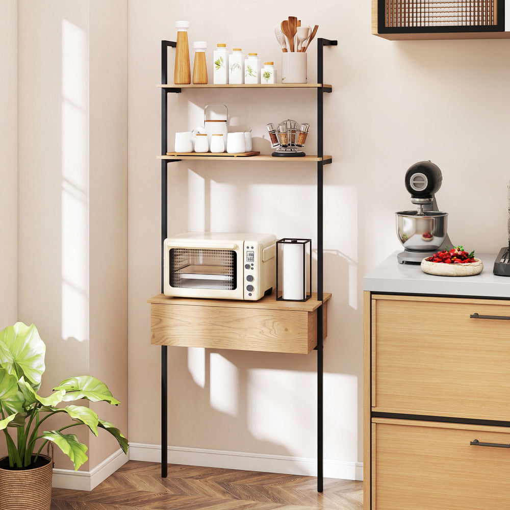 4-Tier Ladder Bookshelf with Drawer and Metal Frame for Living Room-Natural - Gallery View 1 of 9