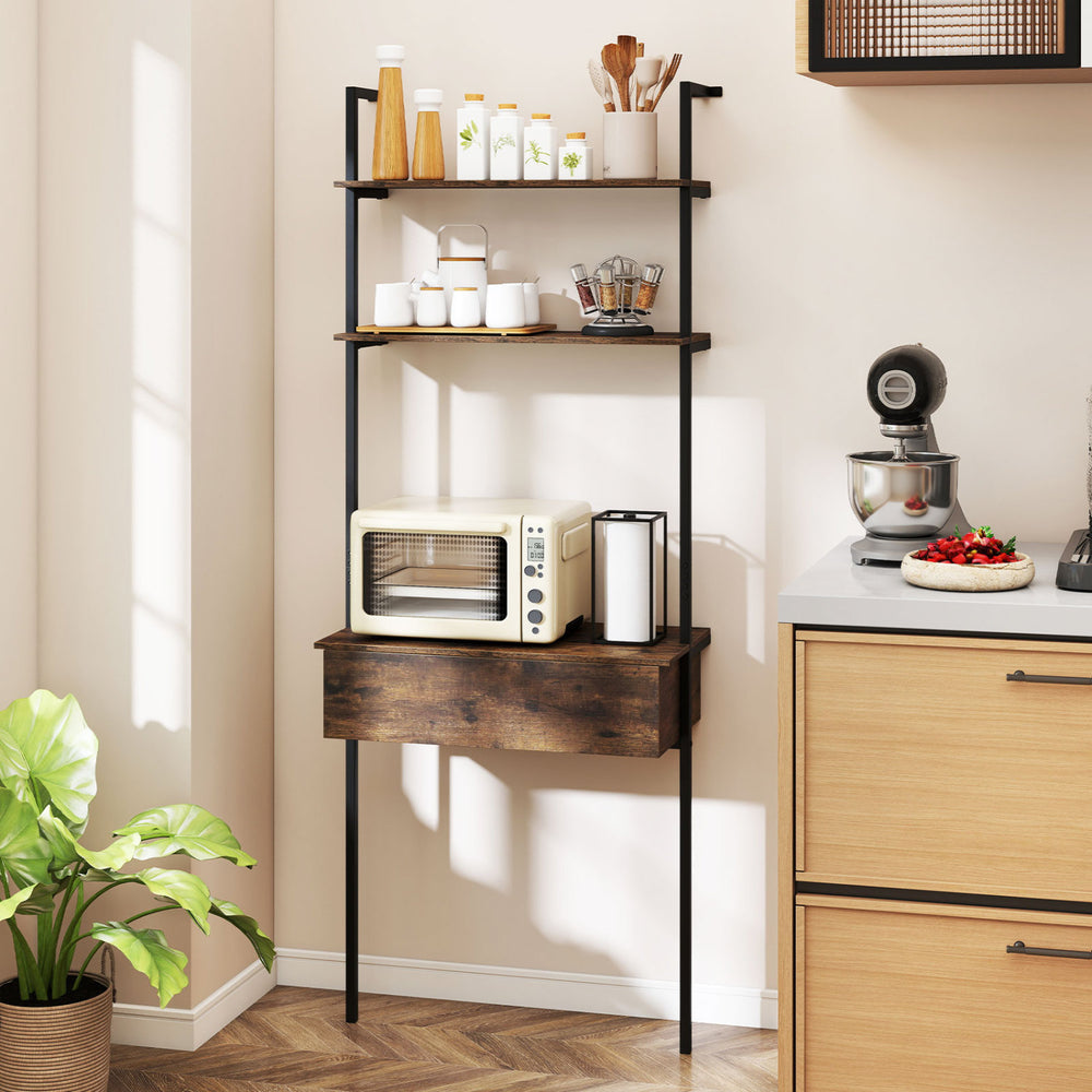 4-tier ladder bookshelf with rustic brown finish, metal frame, and drawer for stylish storage in compact spaces.