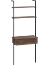 4-tier ladder bookshelf in rustic brown with a drawer and metal frame, ideal for organizing books in compact spaces.