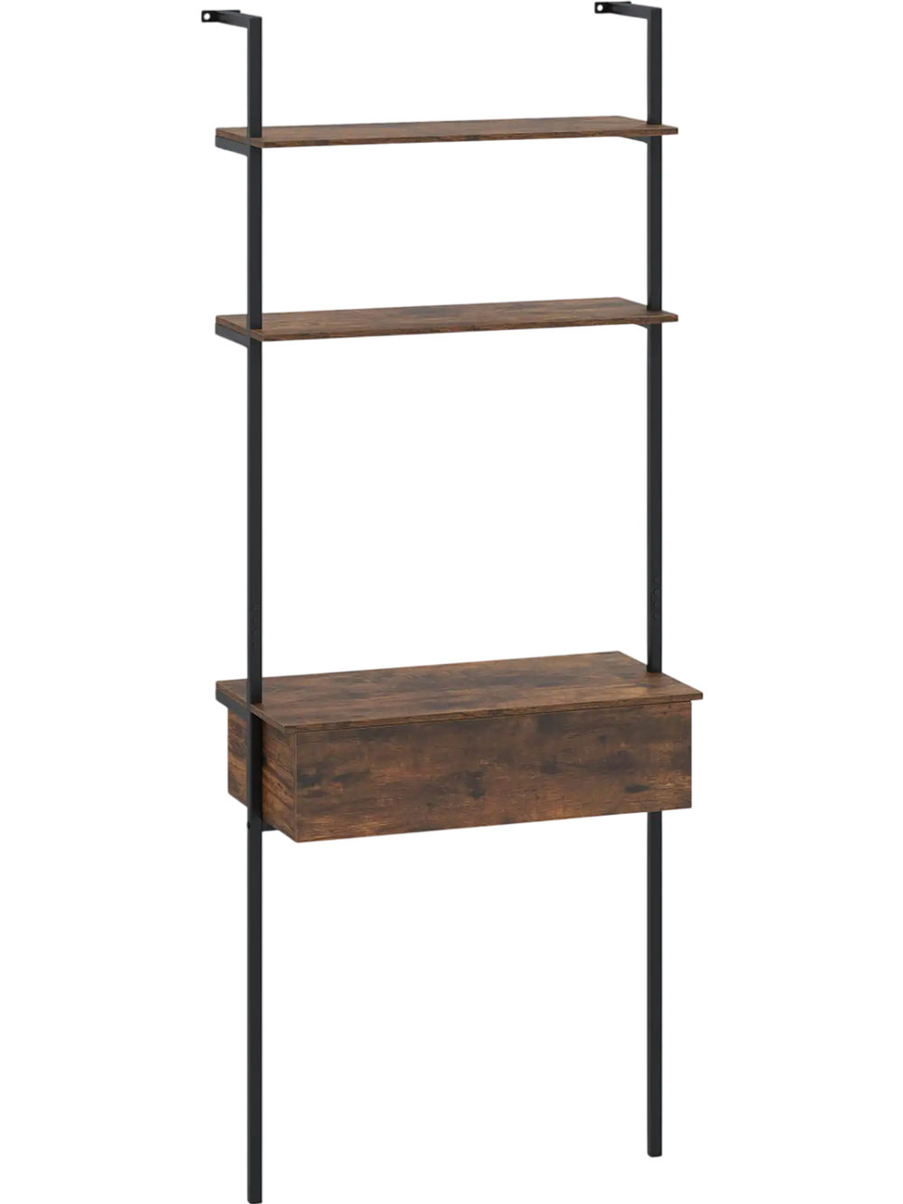 4-tier ladder bookshelf in rustic brown with a drawer and metal frame, ideal for organizing books in compact spaces.
