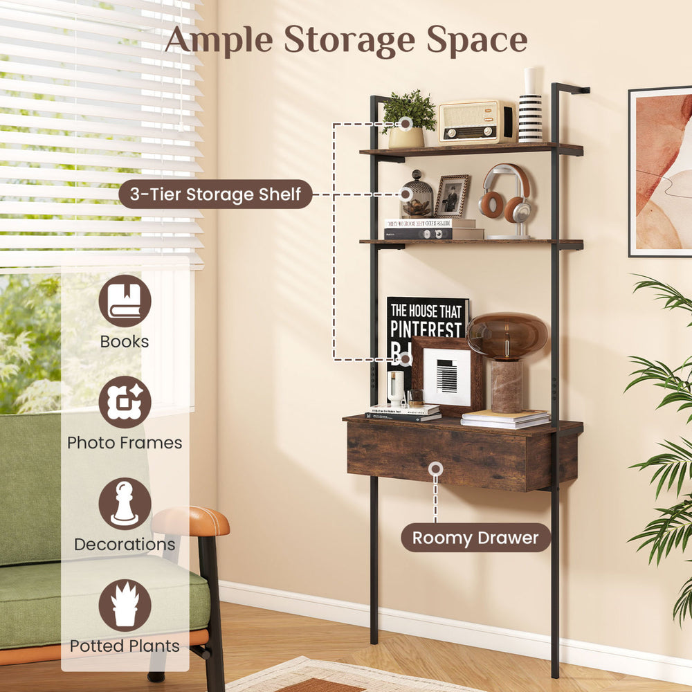 4-tier ladder bookshelf in rustic brown with a roomy drawer and metal frame, ideal for living room organization.