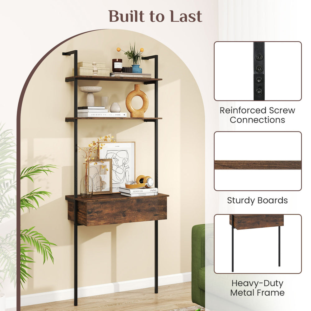 4-tier ladder bookshelf in rustic brown features a sturdy metal frame, roomy drawer, and space-saving design for versatile use.