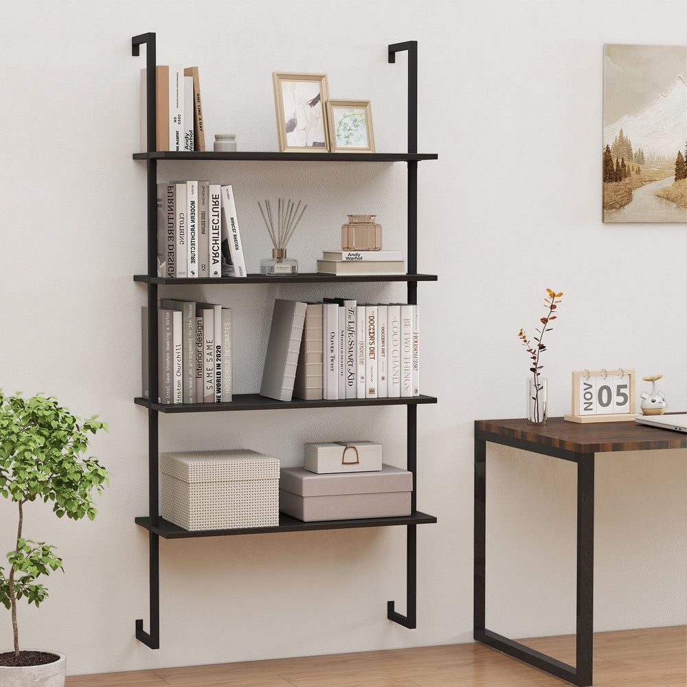 4-tier ladder shelf with black metal frame and wooden boards, perfect for living room or study organization.