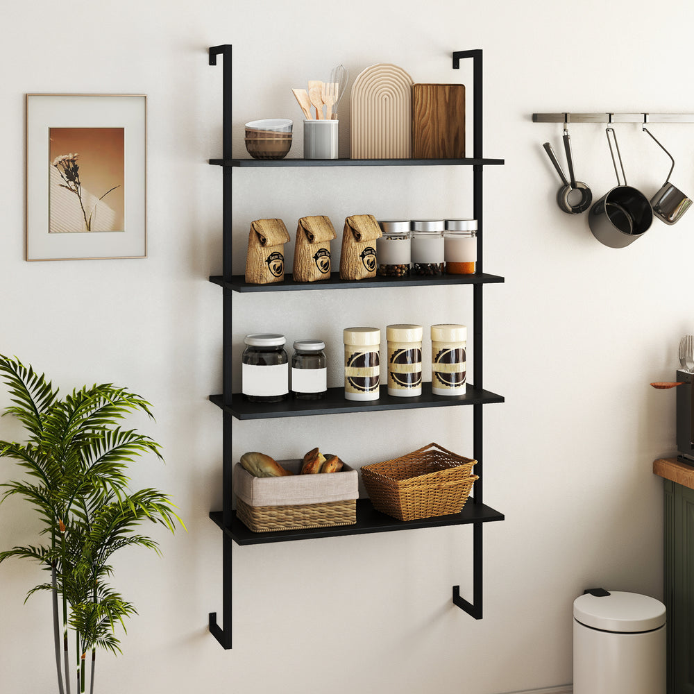 4-tier wall-mounted ladder shelf in black with wooden boards, ideal for organizing items in any room.