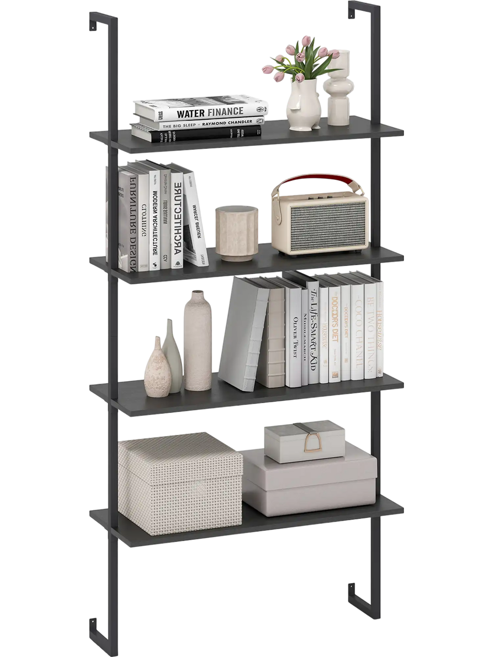 4-tier ladder shelf with black metal frame and wooden boards, perfect for living room or bedroom organization.