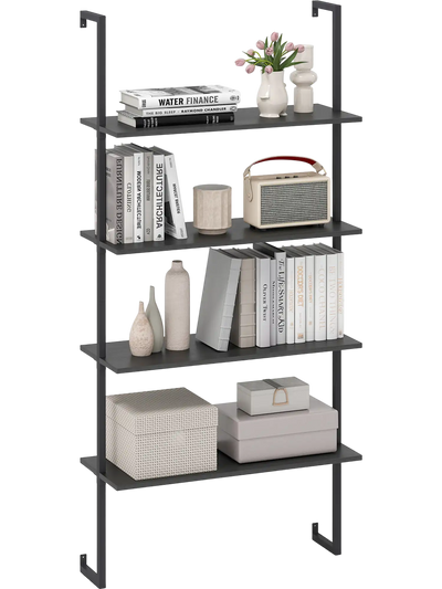 Costway 4-Tier Ladder Shelf Wall Mounted Bookcase Metal Frame Wooden Boards 18240910 New