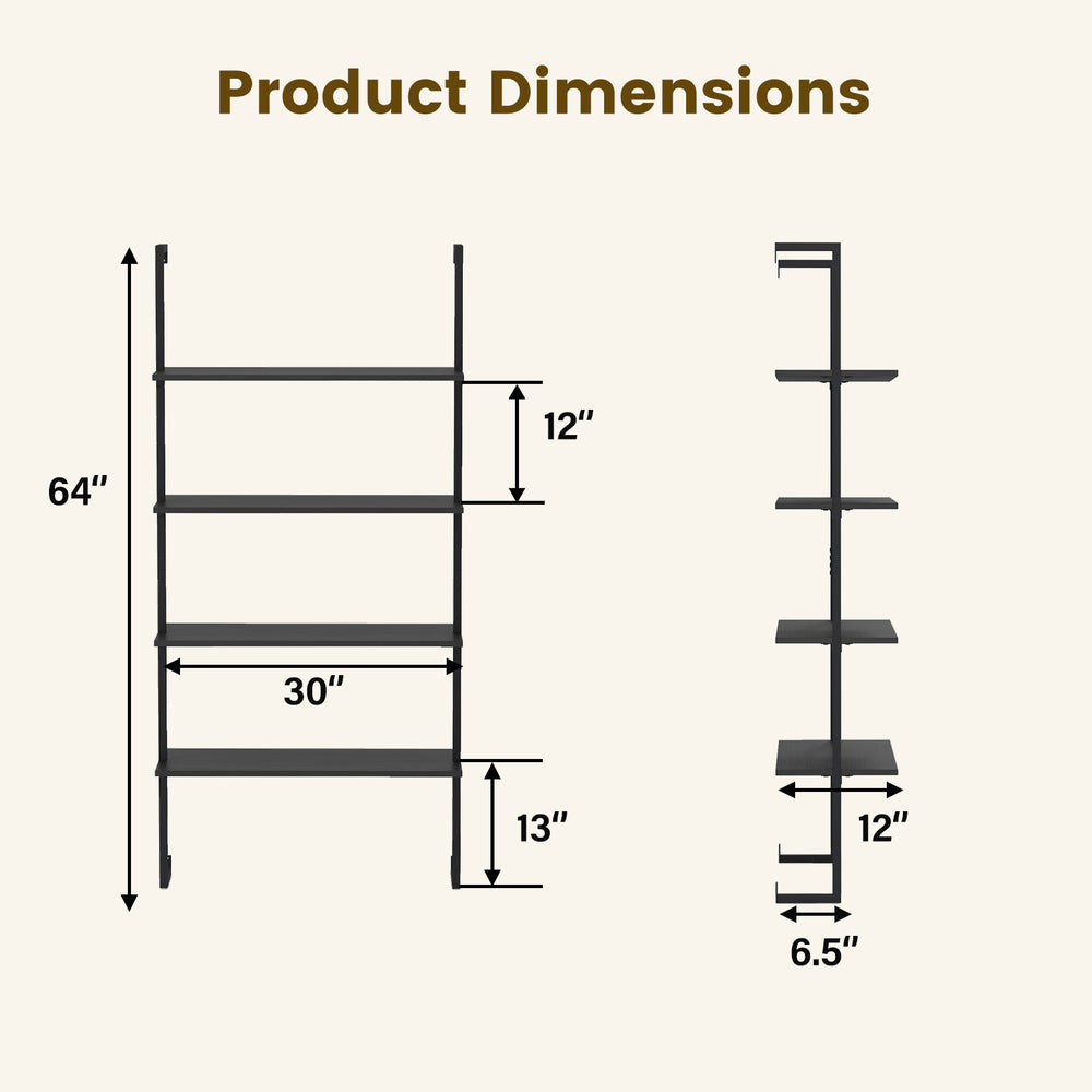 4-tier ladder shelf with black metal frame and wooden boards, showcasing dimensions for wall-mounted use in various.