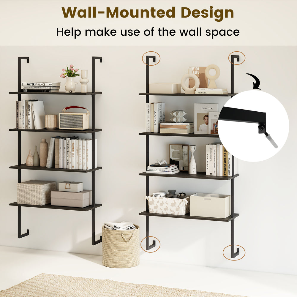 4-tier wall-mounted ladder shelf in black with wooden boards and metal frame, perfect for maximizing space in any room.