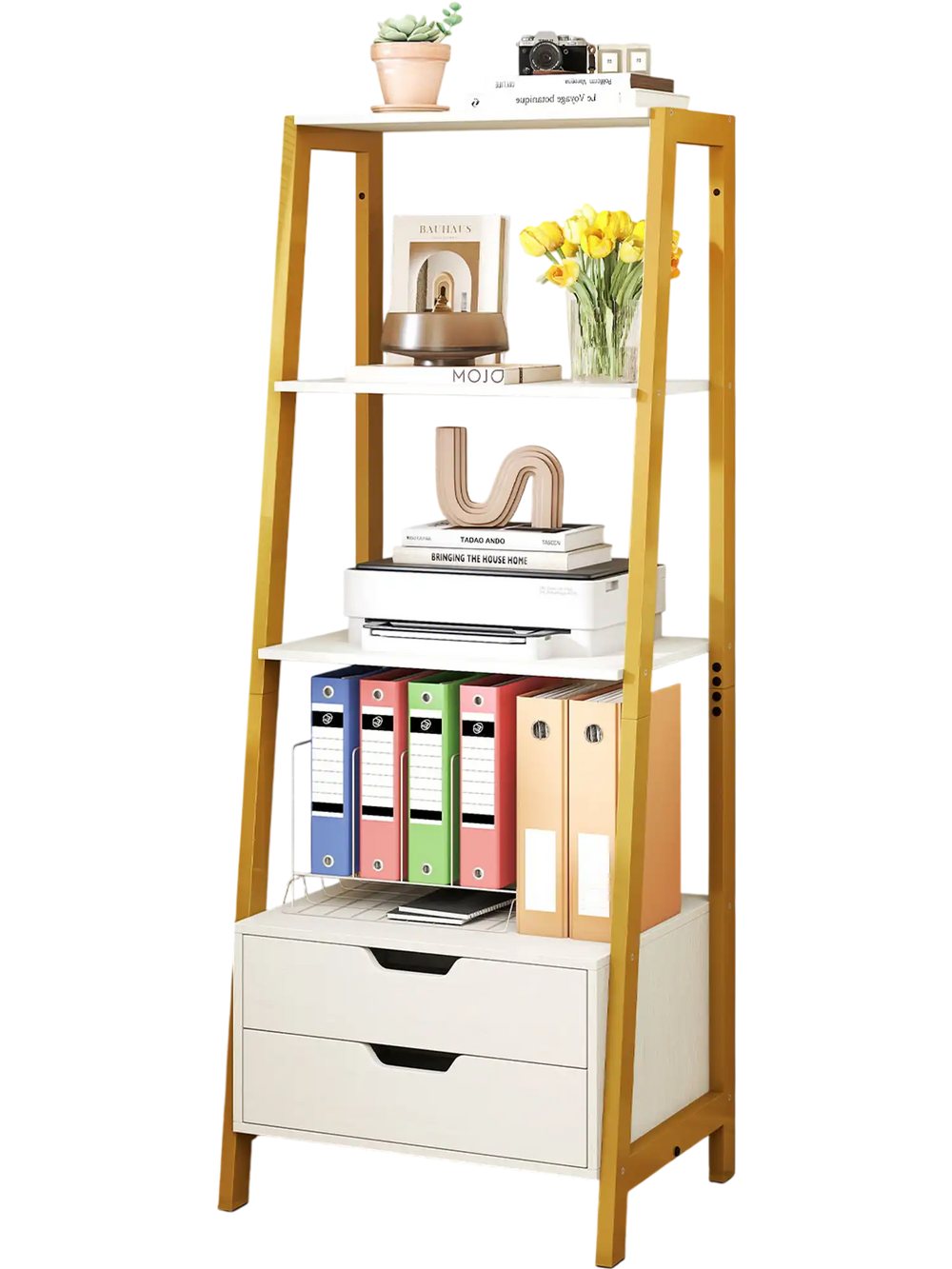 4-tier ladder shelf with 2 drawers in white, ideal for storage and display in home office or living room.