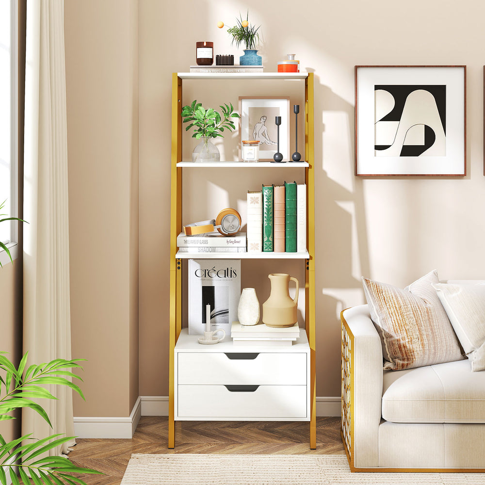 4-tier ladder shelf with two drawers in white, perfect for storage and display in any living space.