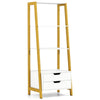 4-tier ladder shelf with 2 drawers in white and yellow, ideal for storage and decoration in any room.