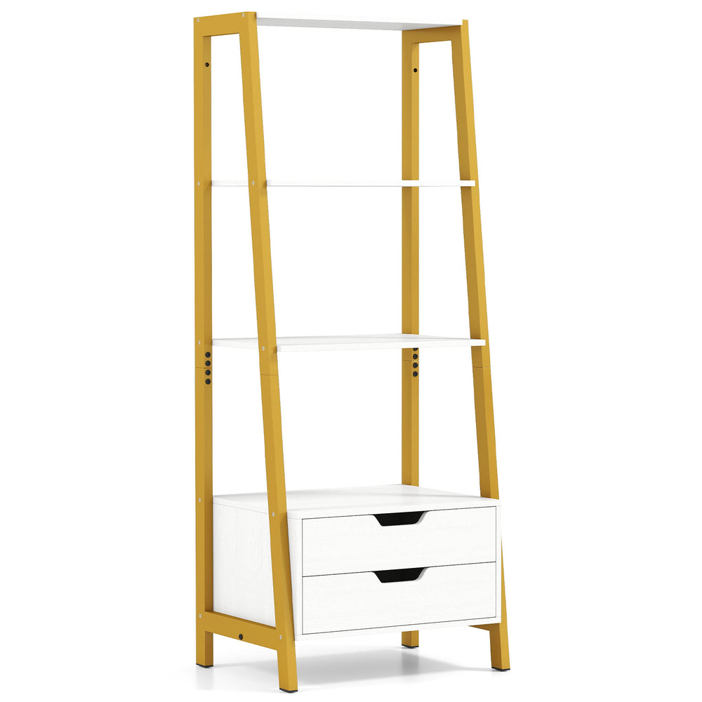 4-tier ladder shelf with 2 drawers in white and yellow, ideal for storage and decoration in any room.
