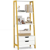 4-tier ladder shelf with white finish and yellow frame, featuring 2 drawers for storage and decorative items.