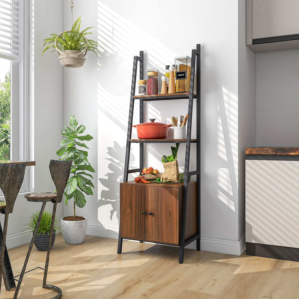4-tier ladder shelf with rustic brown cabinet and metal frame, perfect for stylish storage in any room.