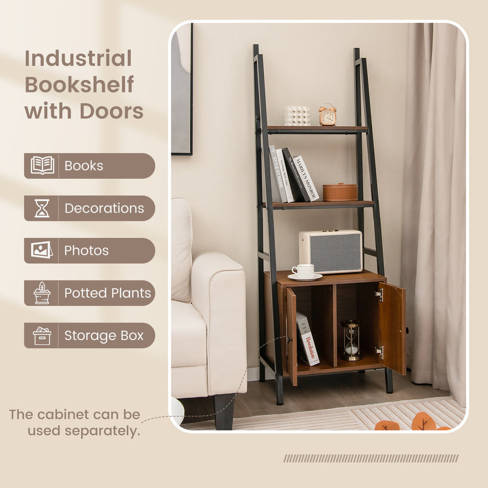 4-tier ladder shelf with rustic brown cabinet and metal frame, perfect for displaying books and decor in any room.