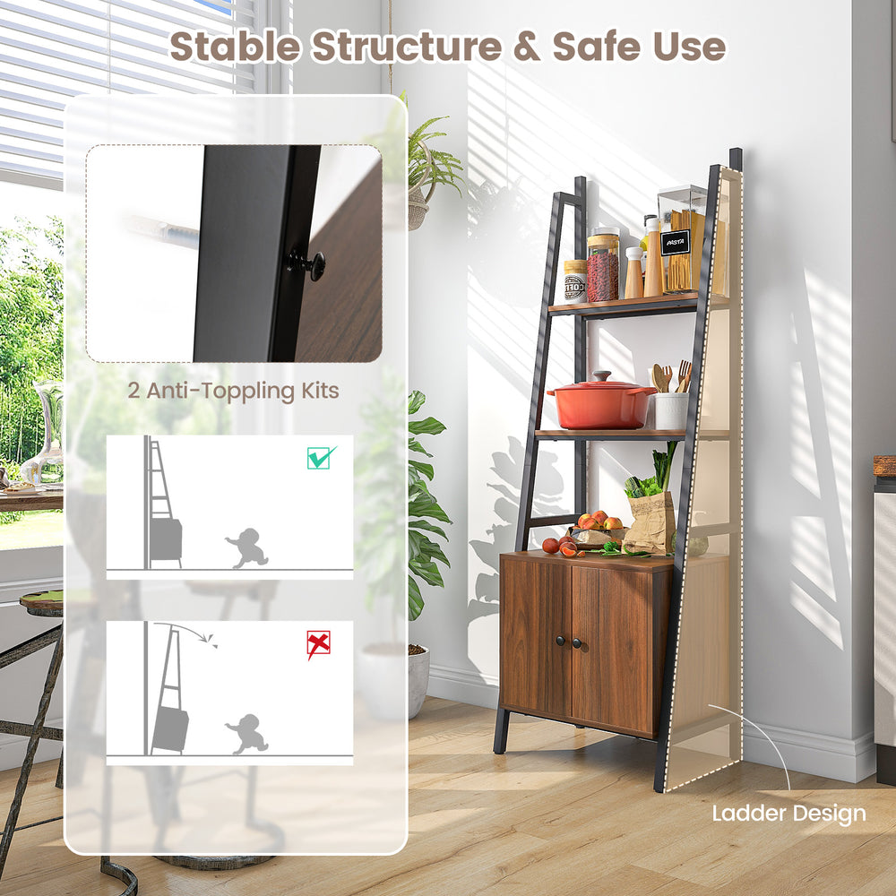 4-tier ladder shelf in rustic brown with cabinet, metal frame, and anti-toppling kits for stable home storage.