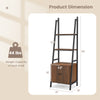 4-tier ladder shelf in rustic brown with metal frame, featuring a cabinet and dimensions for versatile home storage.