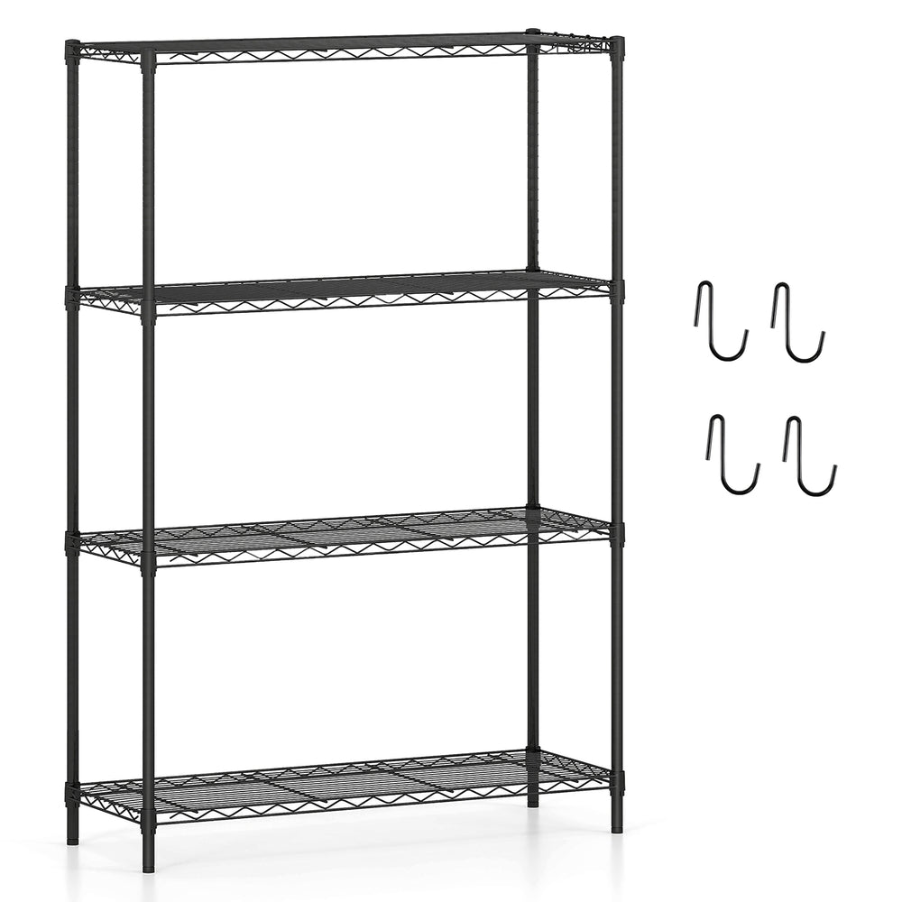 4-tier black metal storage shelving unit with adjustable shelves and 4 removable hooks, ideal for garage or kitchen.