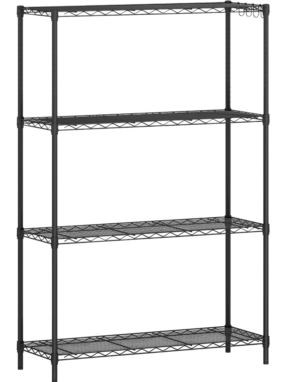 4-tier black metal storage shelving unit with adjustable shelves and V-shaped wire rack, ideal for kitchen and garage.