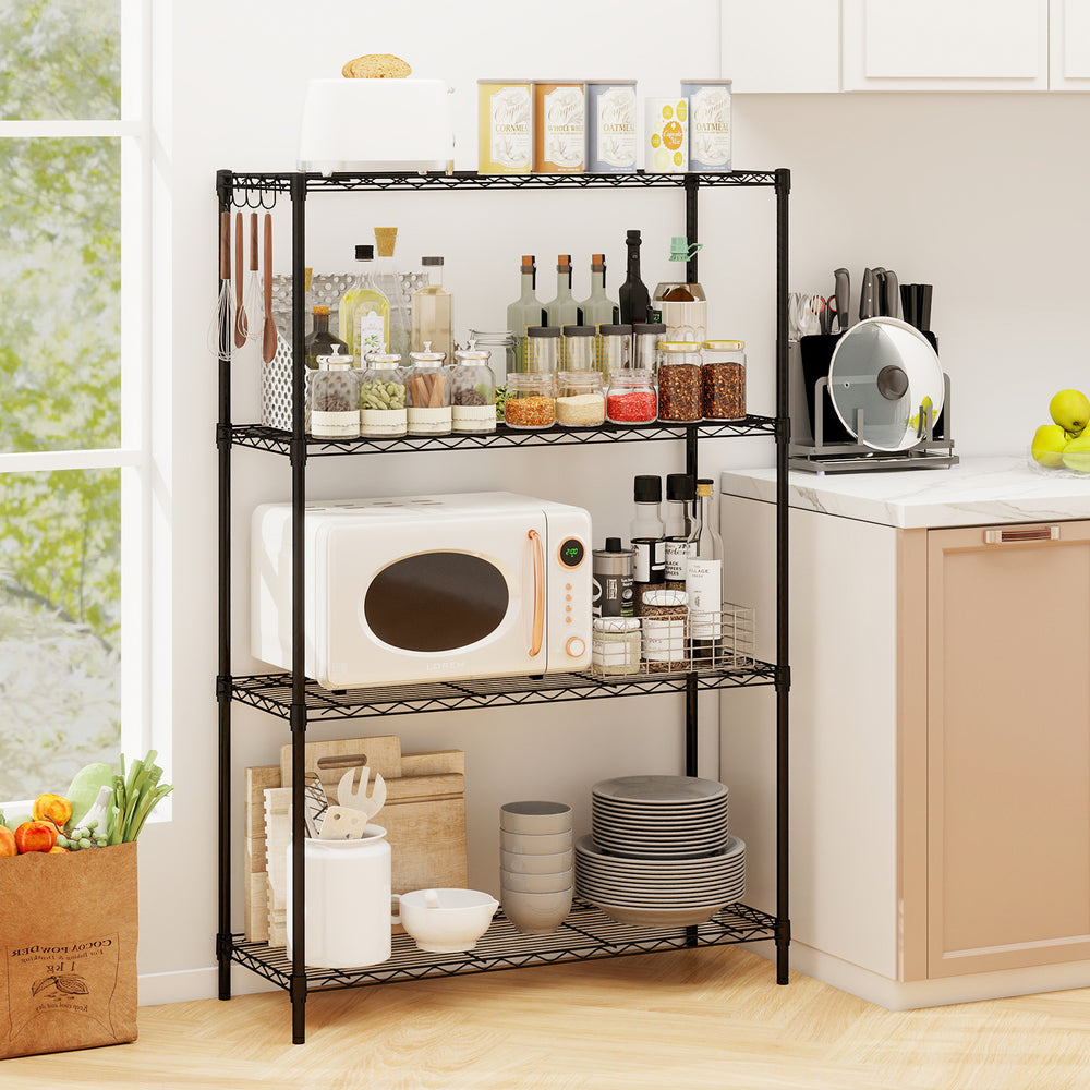 4-tier black metal storage shelving unit with adjustable shelves, ideal for organizing kitchen and pantry items.