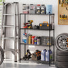 4-tier black metal storage shelving unit with adjustable shelves, ideal for garage organization and heavy-duty use.