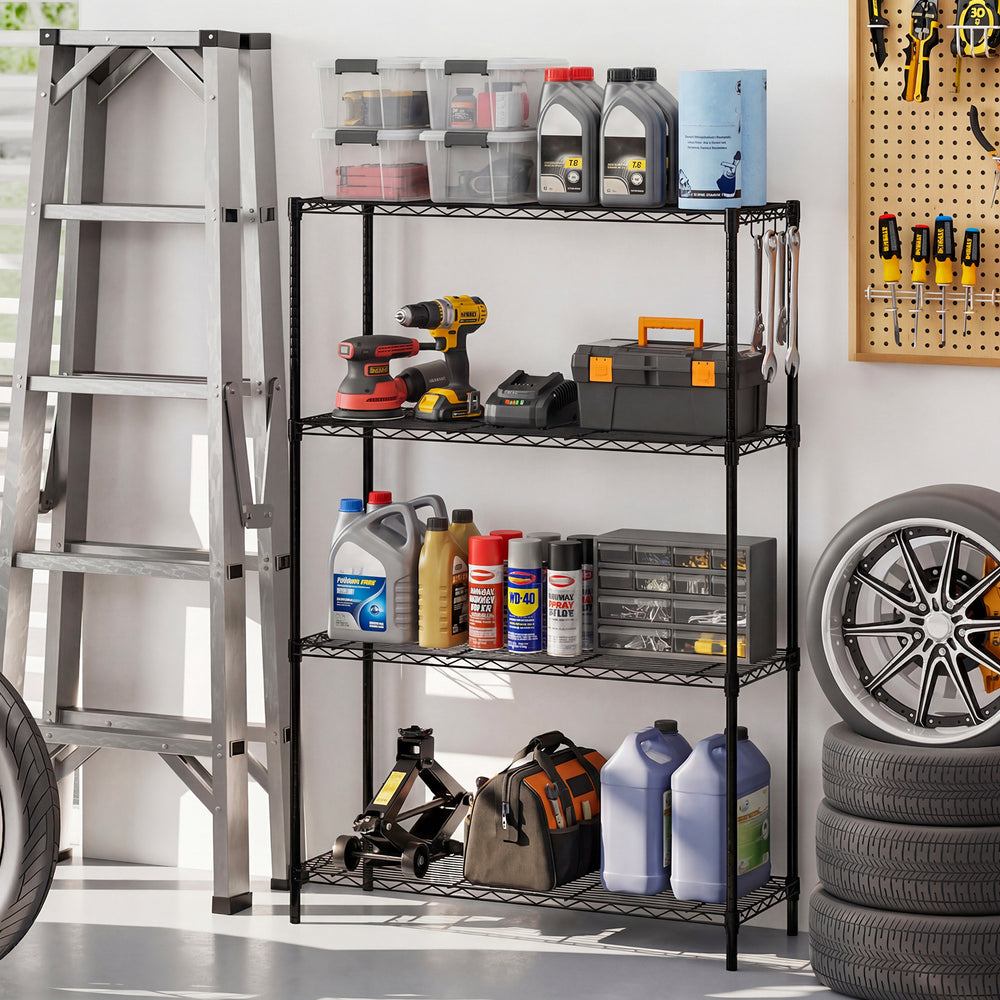 4-tier black metal storage shelving unit with adjustable shelves, ideal for garage organization and heavy-duty use.